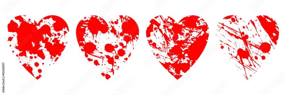 Set of 4 hearts with grunge texture blots. Overlay template. Vector illustration Set of 4 hearts with grunge texture blots. Overlay template. Vector illustration