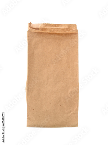 narrow paper brown food bag isolated on white background