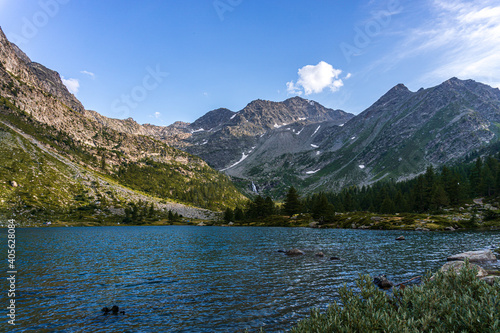 The nature and landscape of the alps seen from the shores of Lake Arpy  in the Aosta Valley  near the town of La Thuile  Italy - August 2020.