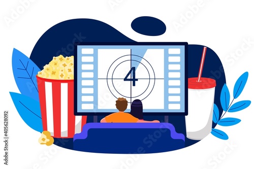 Young couple watching TV on a sofa at home vector illustration Home movie theater concept