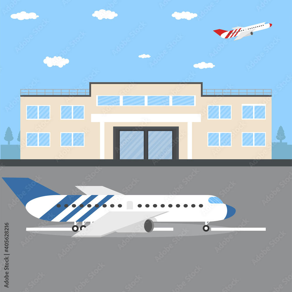 Airport terminal with aircraft flying plane. Vector illustration.