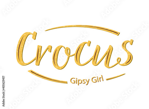 Crocus Gipsy Girl handwritten Lettering. Yellow letters with brown stripes as yellow flowers with brown stripes of the crocus variety Gipsy Girl. For seeds and bulbs packing, gardening shop, website