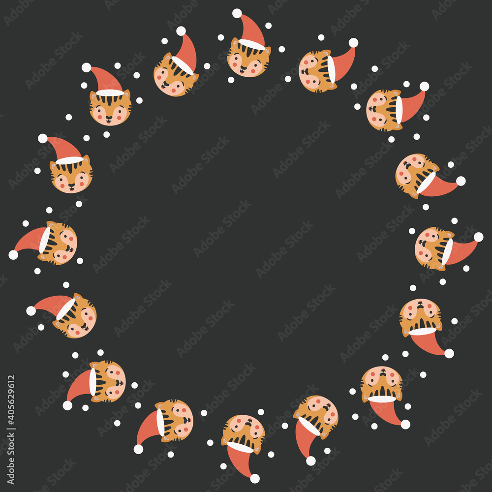 Cute childish New Year and Christmas backdrop of round frame of cartoon faces of joyful kawaii tigers wearing Santa Claus hats on a black background. X-mas border for greeting card, invitation. Vector