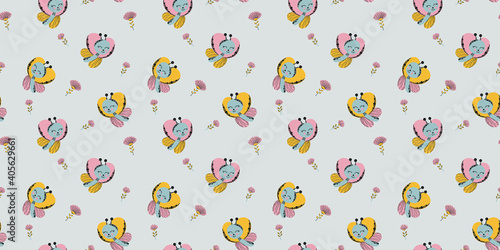 Childish seamless pattern of cute butterflies flying in different directions with spread yellow-pink wings. Smiling butterflies and stylized abstract flowers on a gray background. Vector.