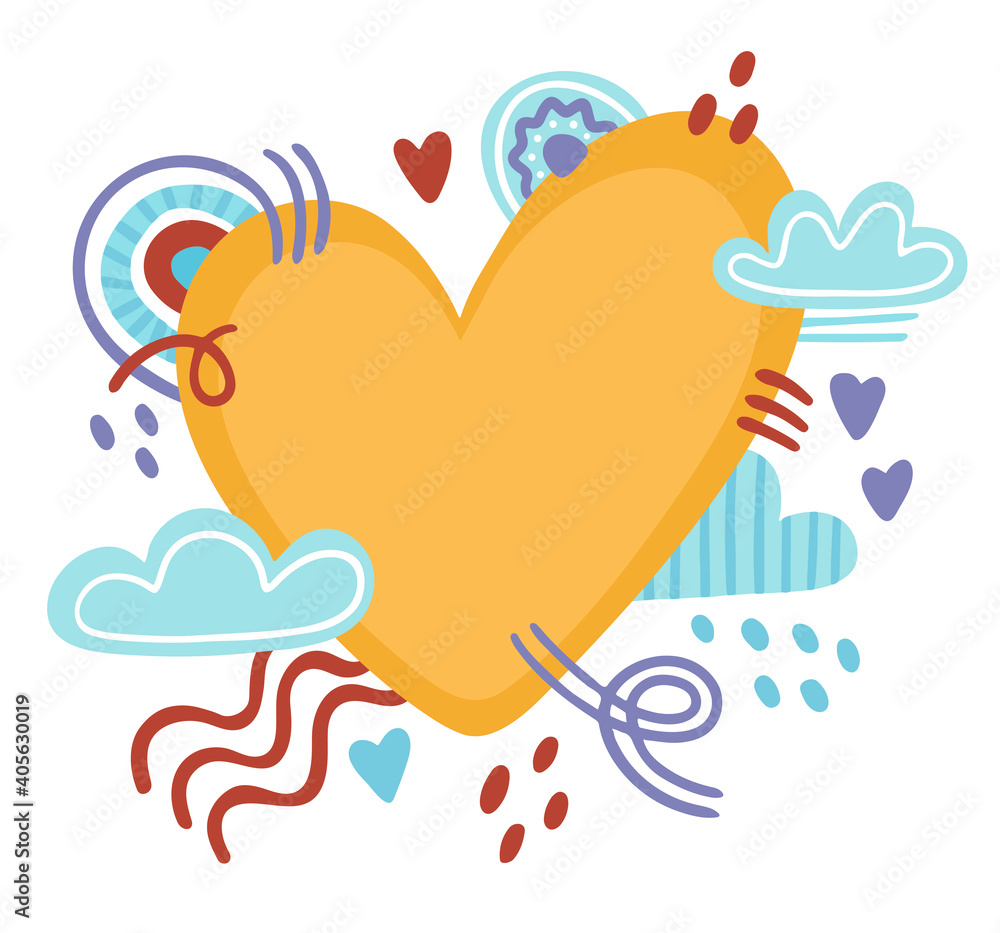 Valentine's day cards with space for your text. Simple cute doodle style. Yellow heart in the clouds. Suitable for congratulations, invitations, cards, postcards, design elements.