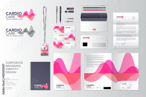Pink and red transparent shapes like cardiogram or diagram. Cardio Care medical center logo. Identity, corporate style. 