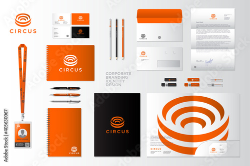 Circus logo for tourism and historical travel agency. Amphitheater icon, symbol of ancient art. Identity, corporate style. Badge, envelope, letterhead, letter, folder, notebook, business card.