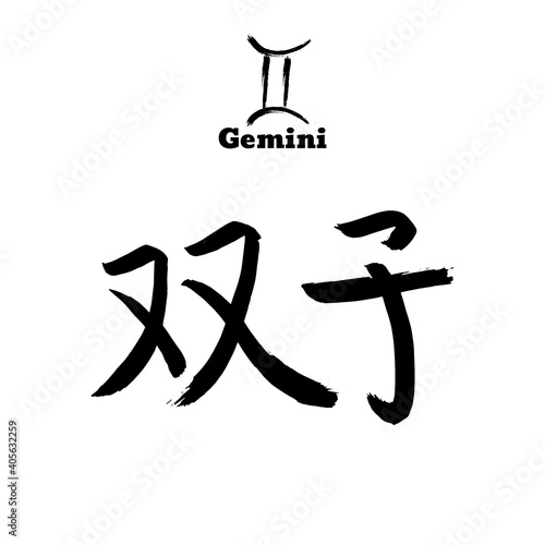 Vector zodiac sign with text. Calligraphic horoscope icon. Ink brush gemini symbol. Hand drawn japanese hieroglyph translate Twins. Chinese calligraphy word. Japan black letter on white background