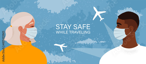Safe travel concept. Tourists traveling during a pandemic. Man and woman wearing medical masks on the sky background with a plane. Passengers staying safe from coronavirus. Vector illustration