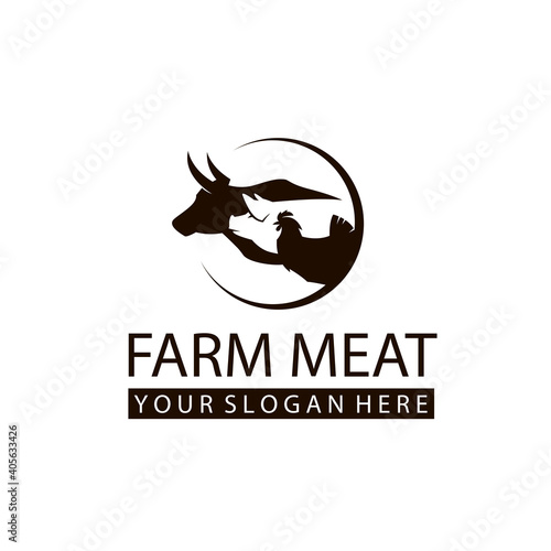 monochrome label of farm animals cow  chicken and pig isolated on white background