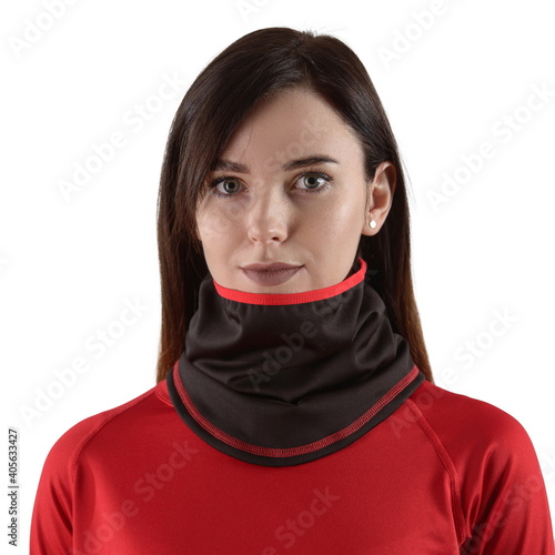 pretty brunette with long hair in a red shirt with a black balaclava with red edging