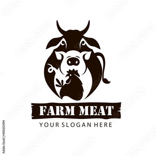 monochrome label of farm animals cow, chicken and pig isolated on white background