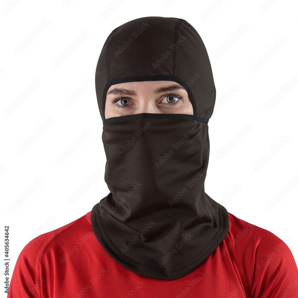 pretty brunette with long hair in a red shirt with a black balaclava pretty brunette with long hair in a red shirt with a black balaclava