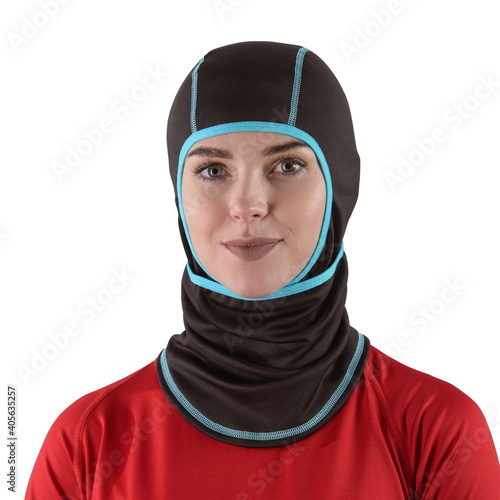 pretty brunette with long hair in a red shirt with a black balaclava with blue edging