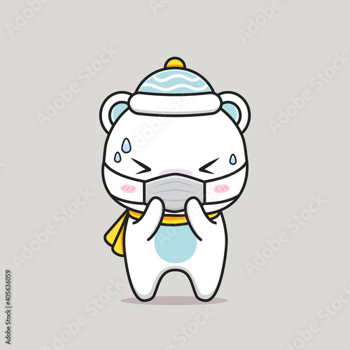 cute white bear getting sick with medical mask