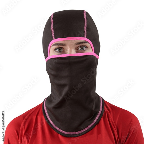 pretty brunette with long hair in a red shirt with a black balaclava with pink edging