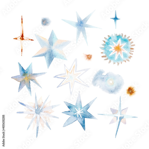 watercolor blue and yellow stars on white background