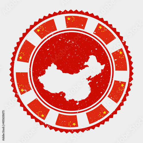 China grunge stamp. Round logo with map and flag of China. Country stamp. Vector illustration.