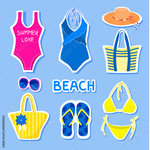 Set of beach stickers  swimsuits in bright colors and bags for them.  