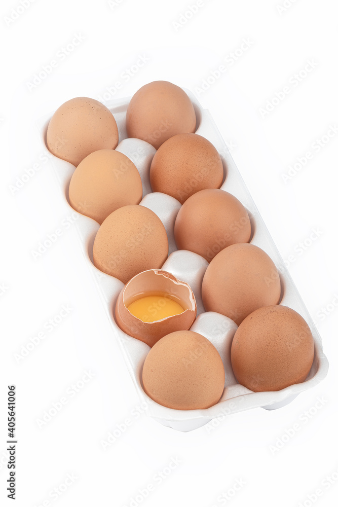 Rows of chicken eggs in a plastic substrate over white background. Rows of chicken eggs in a plastic substrate over white background.