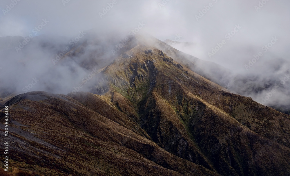 Beautiful Kepler trail mountains and clouds, Fiordlands, New Zealand