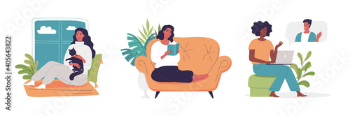 Young cute women spend time at home vector set 