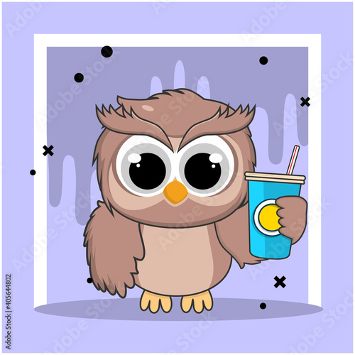 Cute owl With Soda Icon illustration. fast food icon concept isolated. flat cartoon style vector
