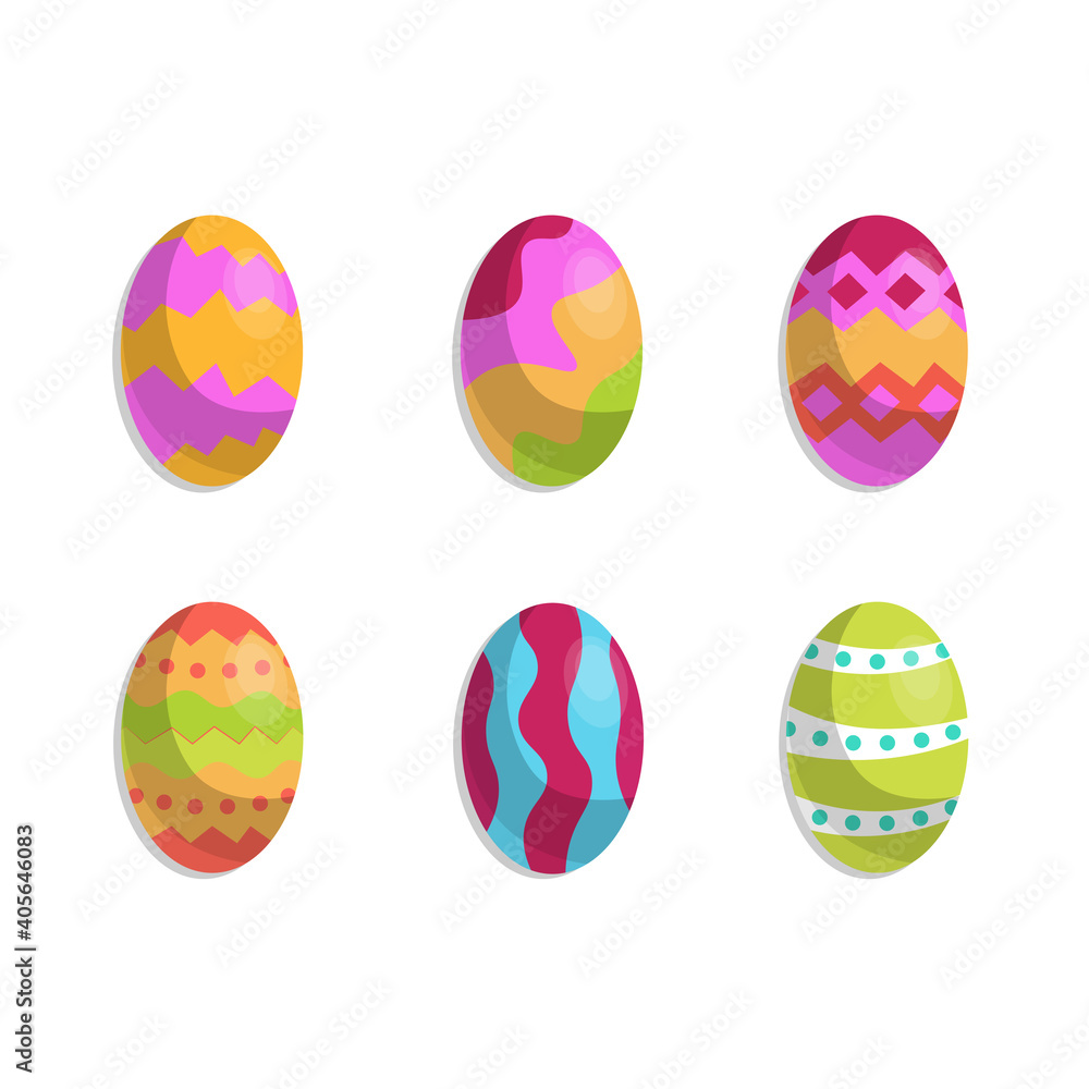 Happy Easter.A set of Easter eggs with different textures on a white background. Spring holiday. Vector illustration.