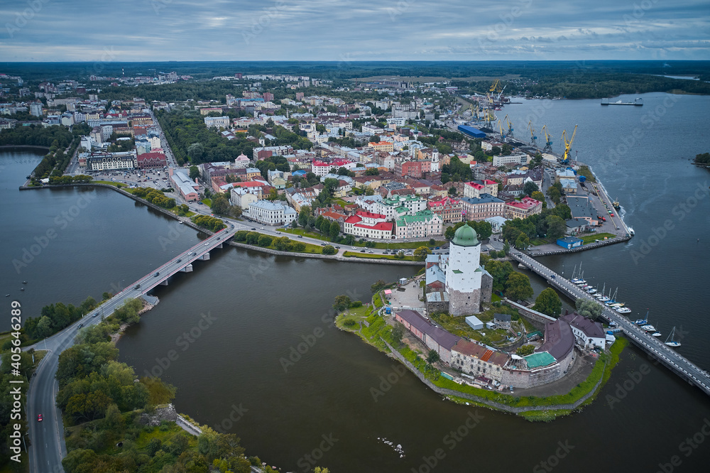 Aerial panoramic view of old European town with a castle