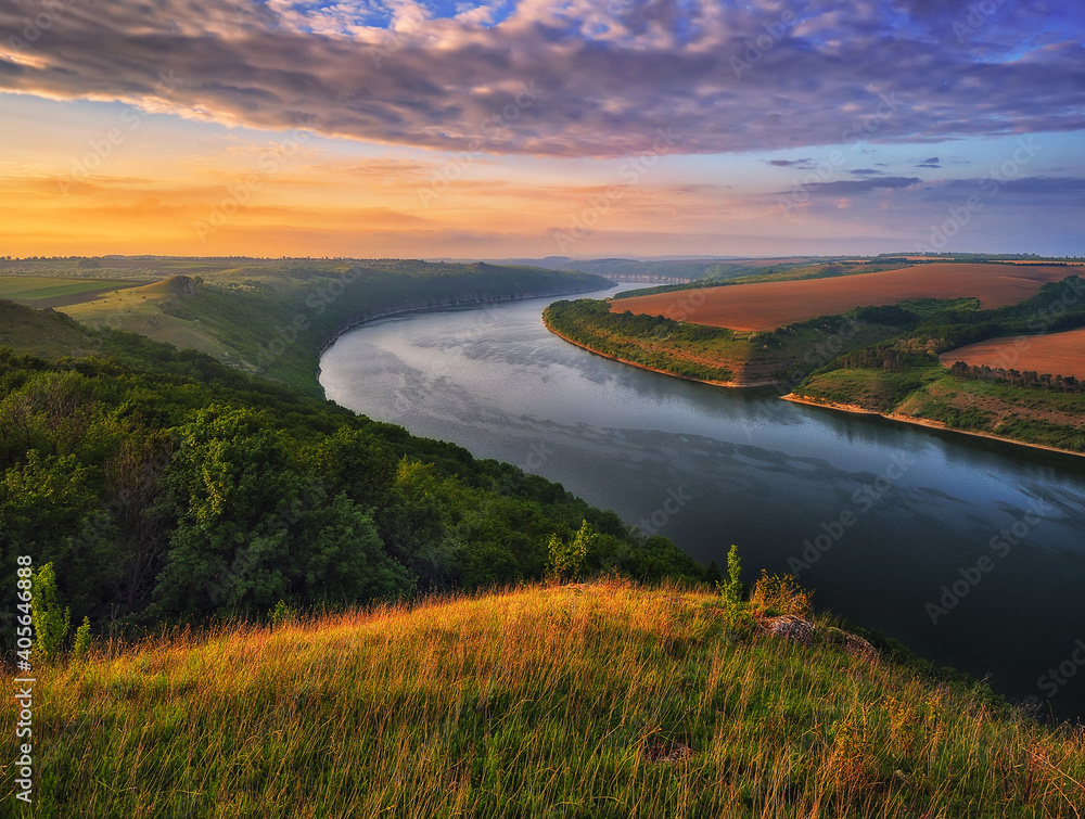 Beautiful spring landscape at sunrise. picturesque river canyon