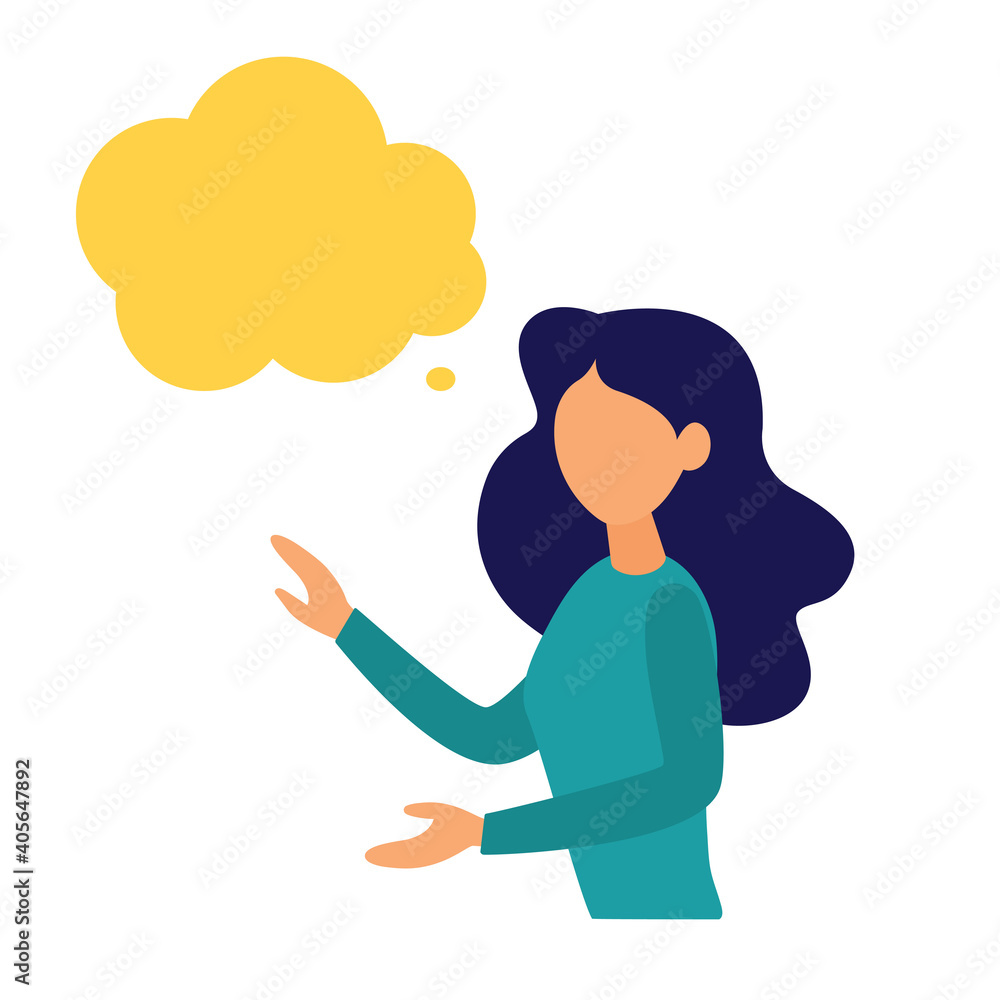 Flat style. Talking woman. Woman with thoughts on a white background. Illustration