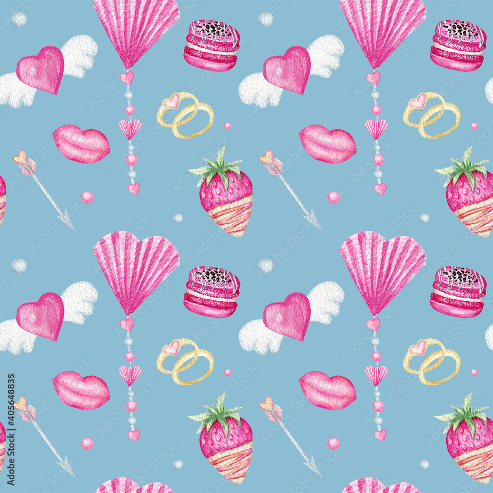 Seamless pattern heart Valentine's Day, love Greeting card concept. Watercolor texture for scrapbooking. Wedding, banner, poster design. Hand drawn pink hearts on blue background Seamless pattern heart Valentine's Day, love Greeting card concept. Watercolor texture for scrapbooking. Wedding, banner, poster design. Hand drawn pink hearts on blue background