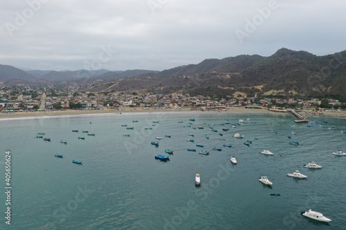 Aerial view showing the many small boats anchored in the water