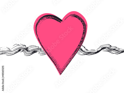 Big pink heart with black wavy brush strokes and textured outline for Valentines day greeting cards, 14 february posters, marriage and lovely events design