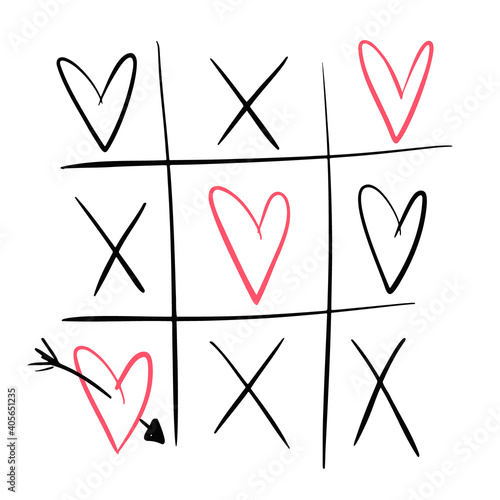 Cute outline vector tic tac toe with black crossings and pink hearts. Love game for greeting St Valentine day card design, banner