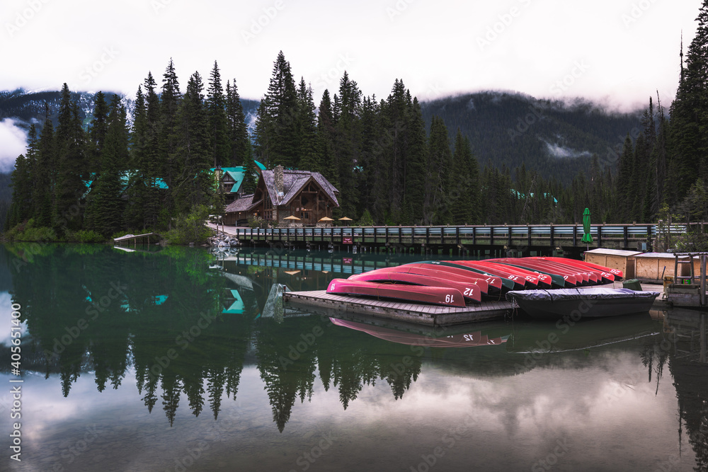Boats on Emerald Lake, Yoho National Park, Canada in the summer