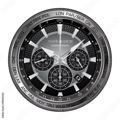 Realistic black silver clock watch face chronograph luxury on white background vector illustration.