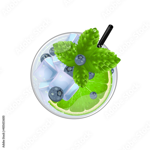 Mojito cocktail with lime, mint, blueberry and ice top view. Cold alcoholic or non-alcoholic long drink. Vector illustration on white background