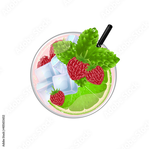 Mojito cocktail with lime, mint, raspberry and ice top view. Cold alcoholic or non-alcoholic long drink. Vector illustration on white background
