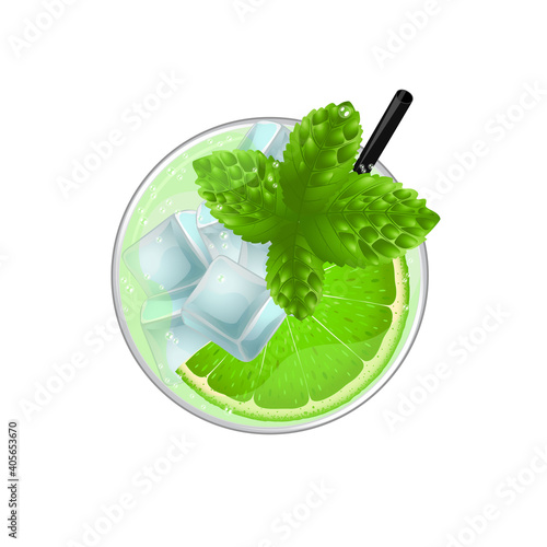 Mojito cocktail with lime, mint and ice top view. Cold alcoholic or non-alcoholic long drink. Vector illustration on white background