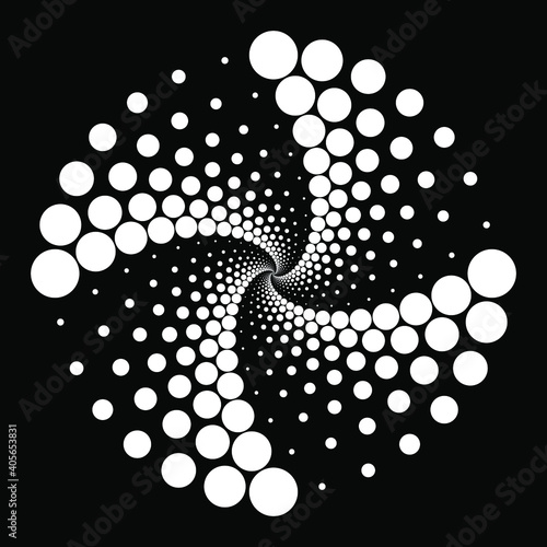 White vortex halftone dots shape. Vector illustration. Design element for logo, sign, symbol, blackout tattoo, web pages, prints, posters, monochrome pattern and abstract background