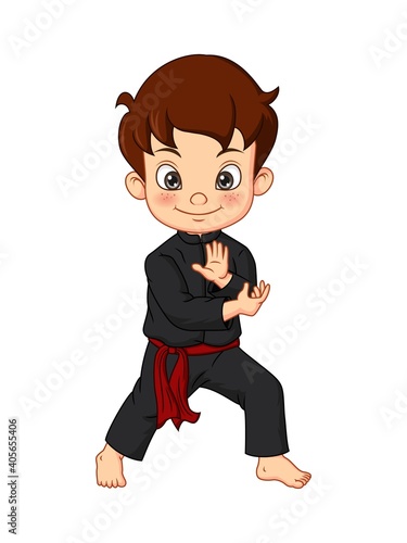 Cartoon karate boy wearing kimono training karate