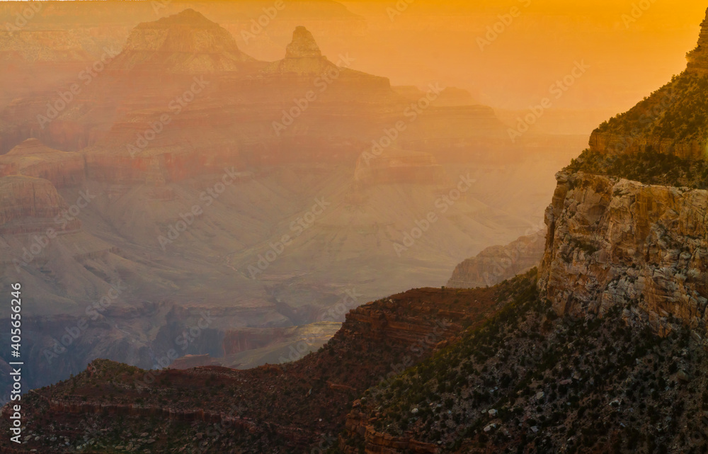 Sunrise on the Bright Angel Trail with Cheops Pyramid, South Rim, Grand Canyon National Park, Arizona, USA