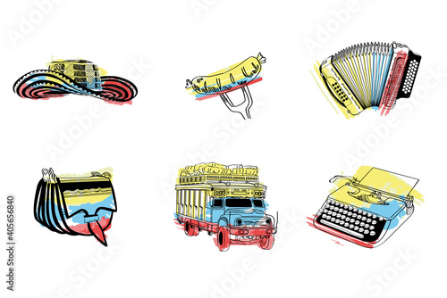Vectores Colombia. Collage cultura colombiana. Sombrero vueltiao, carriel, maquina de escribir, acordeón , chiva, chorizo. Colores de la bandera de Colombia, tricolor textura acuarela vector.