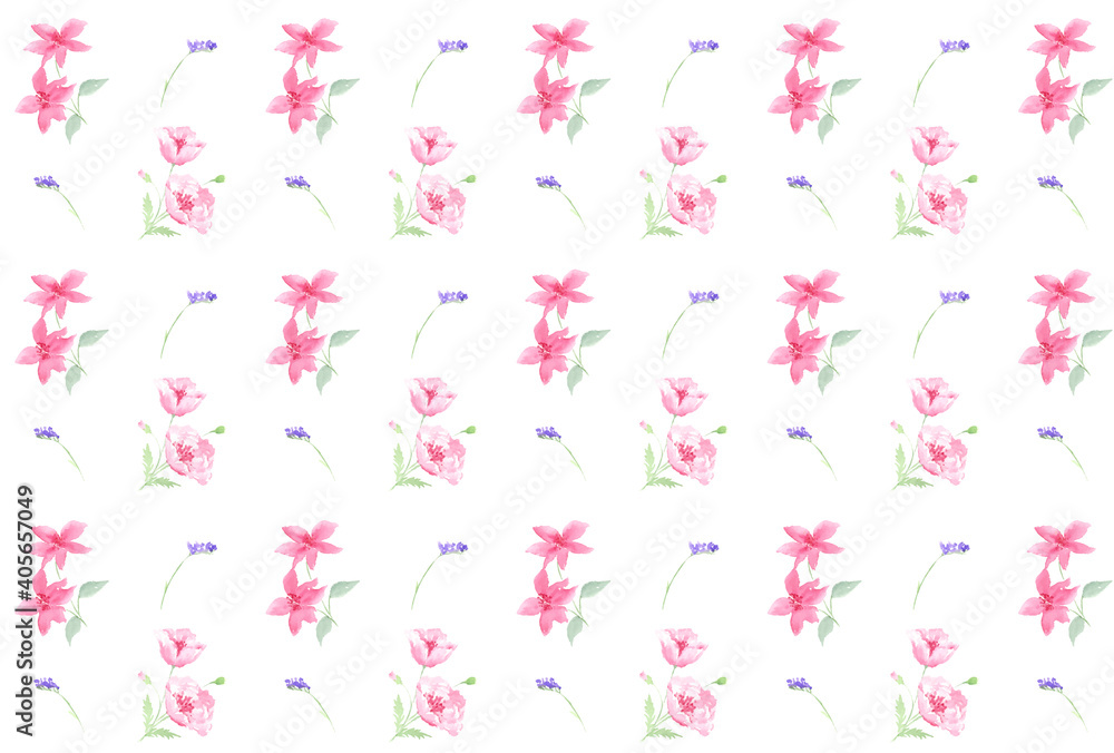 クレマチスとポピーとスターチスの花柄パターン　水彩　スウォッチ登録