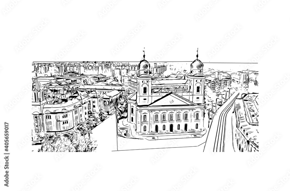 Building view with landmark of Debrecen is the
city in Hungary. Hand drawn sketch illustration in vector.