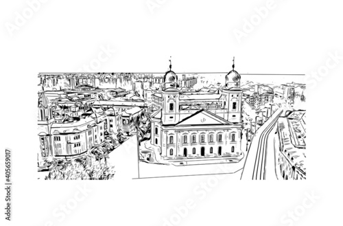 Obraz na płótnie Building view with landmark of Debrecen is the
city in Hungary. Hand drawn sketch illustration in vector. w salonie