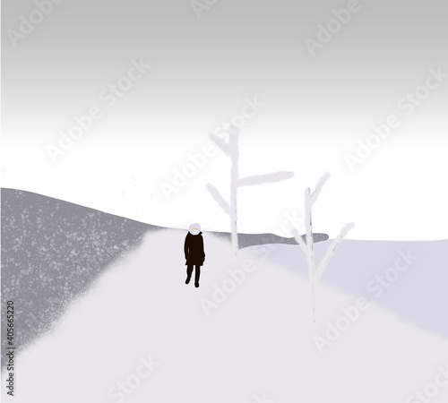 Man with medical face mask walking in Alley with a trees near the frozen river. This winter was particularly harsh, paralyzing the activity on the rivers
