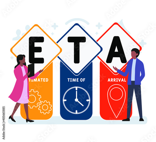 Flat design with people. ETA - Estimated Time of Arrival acronym, business concept background.   Vector illustration for website banner, marketing materials, business presentation, online advertising.