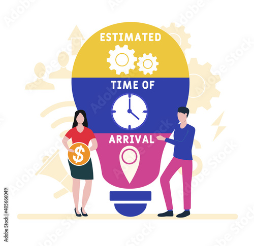 Flat design with people. ETA - Estimated Time of Arrival acronym, business concept background.   Vector illustration for website banner, marketing materials, business presentation, online advertising.